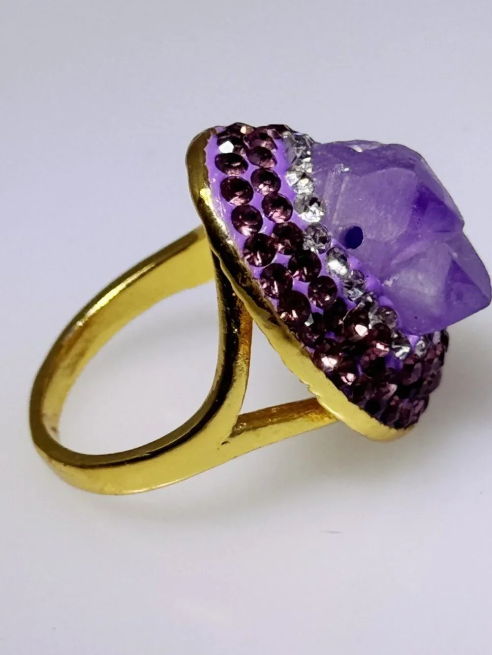 Gold plate fashion ring, NWOT, adjustable, raw Amethyst crystal center, CZs